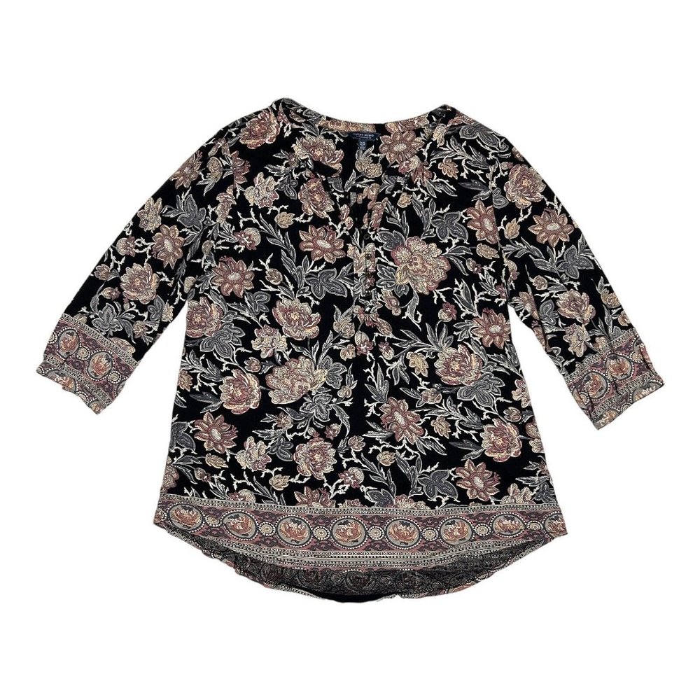 Lucky Brand Blouse Womens 1X Floral Tunic Mauve V Neck Long Sleeve Boho Peasant